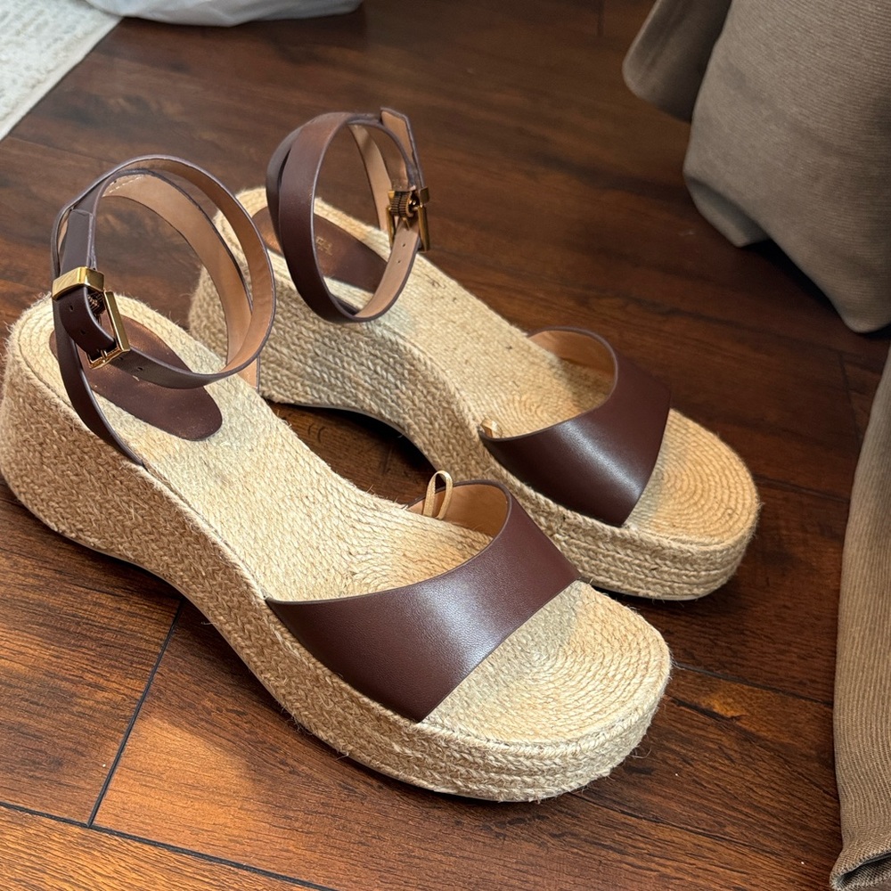 Zara Brown Leather Espadrille Wedges